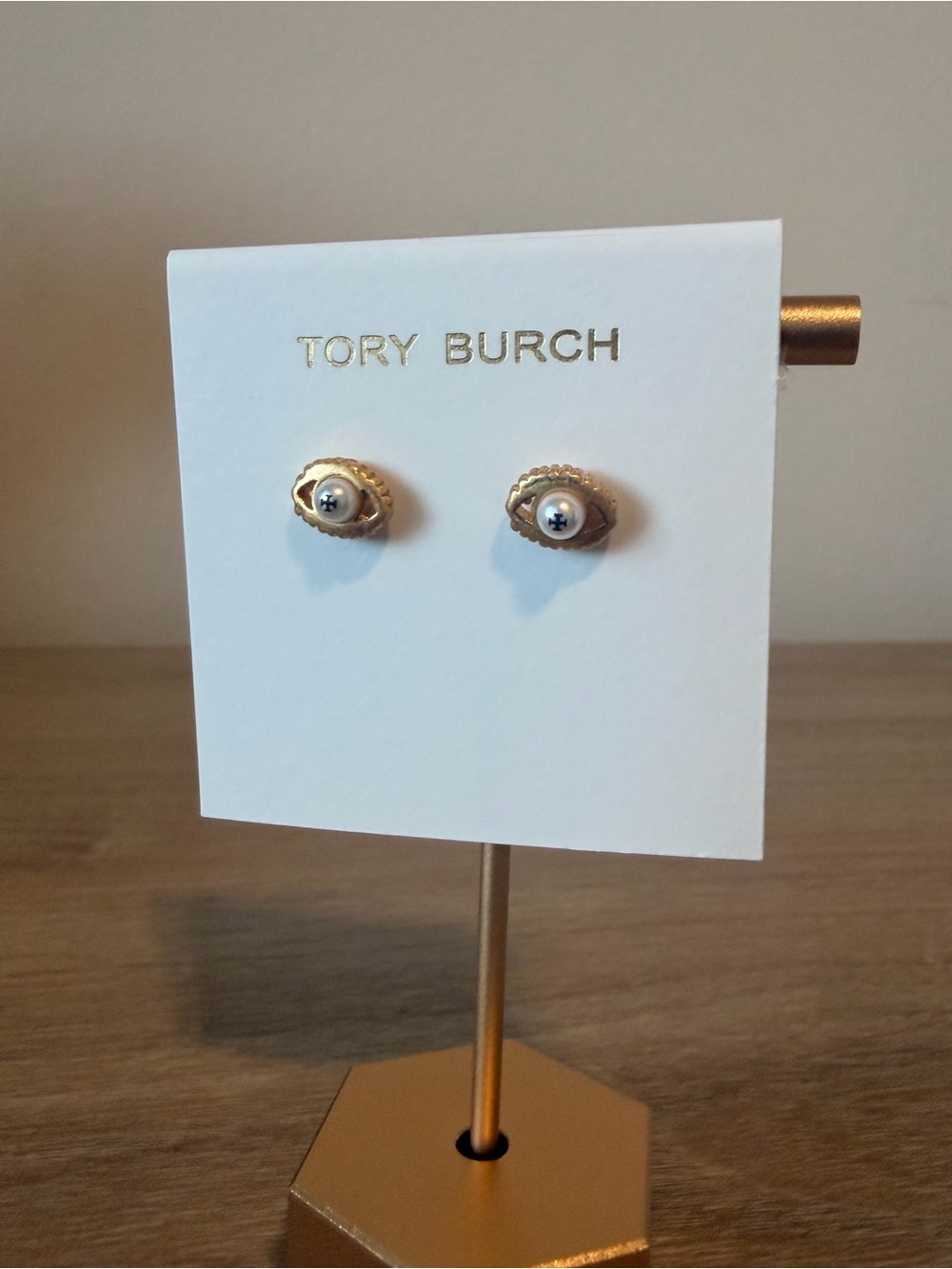 Tory Burch Gold Eye Faux Pearl Stud Earrings New
